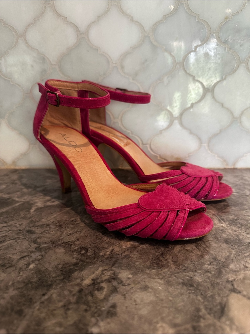 ALDO Fuchsia Suede Ankle-Strap Heels with Heart Accent - Picture 4 of 13